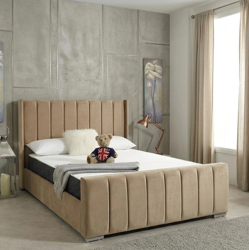 Double Beige Plush Velvet Panel Wingline Bed Frame with Mattress - Beds furniture in UK