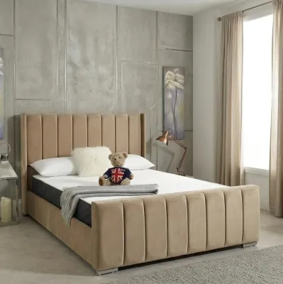 Double Beige Plush Velvet Panel Wingline Bed Frame with Mattress – panel bed for the bedroom