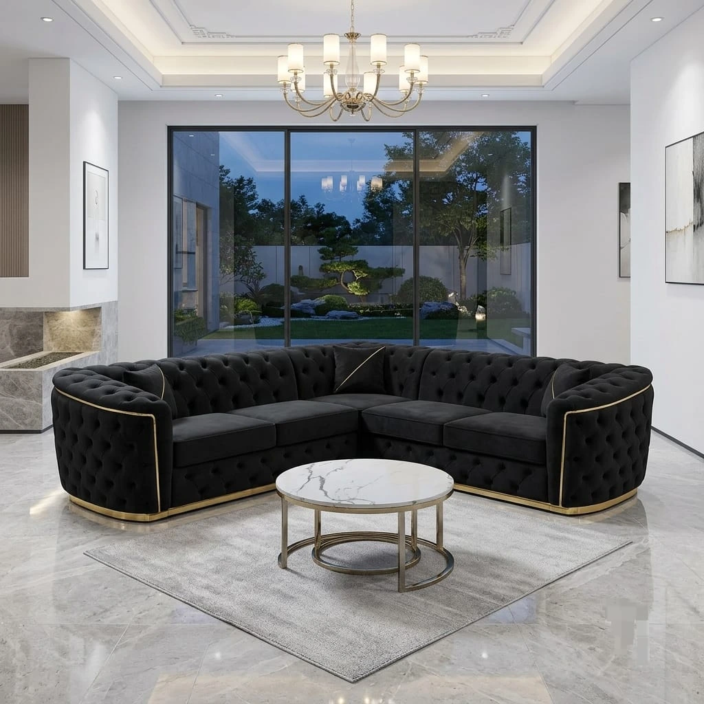 Torento Luxury Black Fabric Corner Sofa with Deep Button Tufting and Elegant Gold Trim Detailing | Sofas | UK