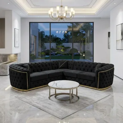 Torento Luxury Black Fabric Corner Sofa with Deep Button Tufting and Elegant Gold Trim Detailing – corner sofa for the living room