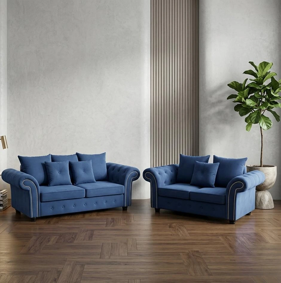 Olympia 3 and 2 Seater Sofa Set – Premium Royal Blue Velvet with Studded Detail - Sofas furniture in UK