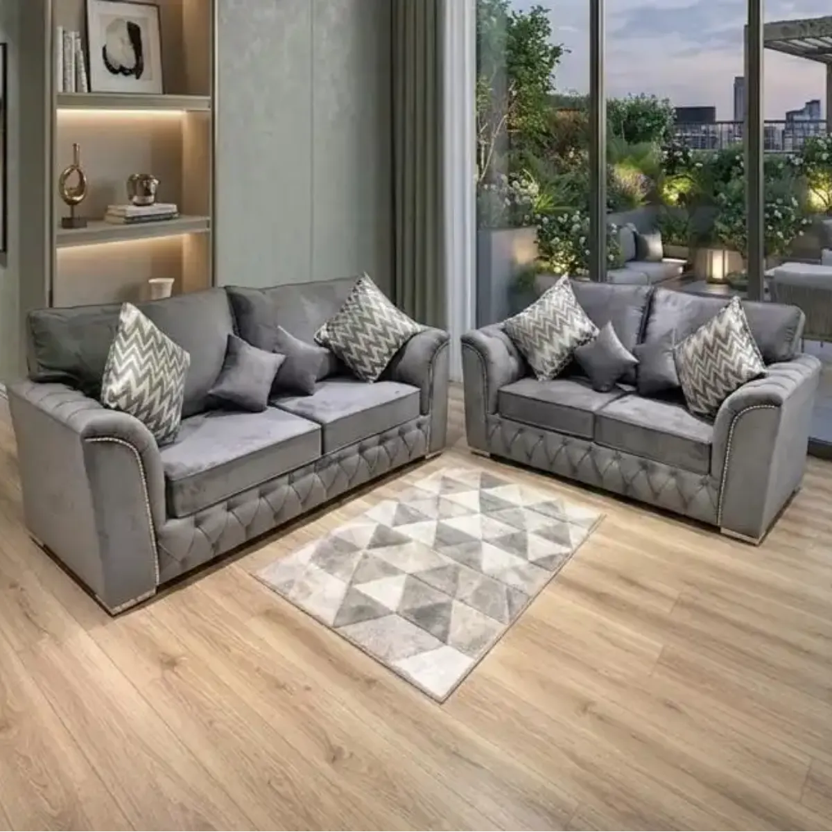 Malibu Grey Velvet 2 and 3 Seater Sofa Set — Luxury Studded Chesterfield Style with Tufted Base | Sofas | UK