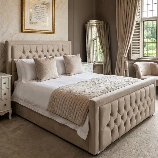 Beige Velvet King Size Hilton Bed Frame with Mattress Package - Beds furniture in UK