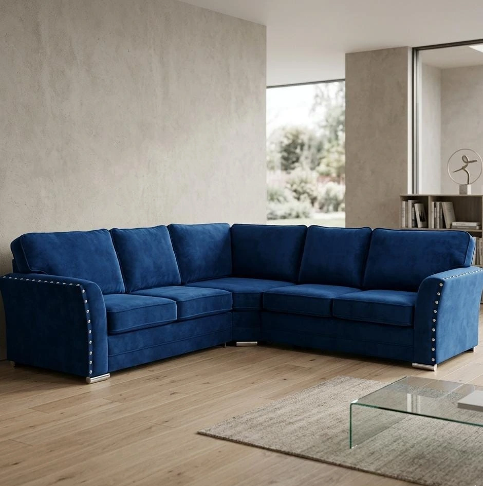 Harrison Highback Sapphire Blue Plush Velvet Corner Sofa - Sofas furniture in UK