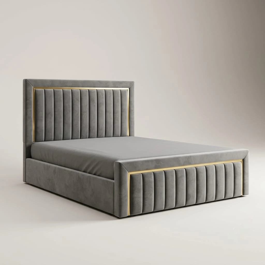 Golden Strip Vertical Line Grey Velvet Double Bed with Mattress – Cash on Delivery & Free UK Delivery - Beds furniture in UK