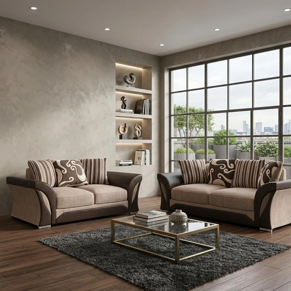 Shannon 3 and 2 Seater Sofa Set – Premium Beige Fabric & Brown Faux Leather | Sofas | UK