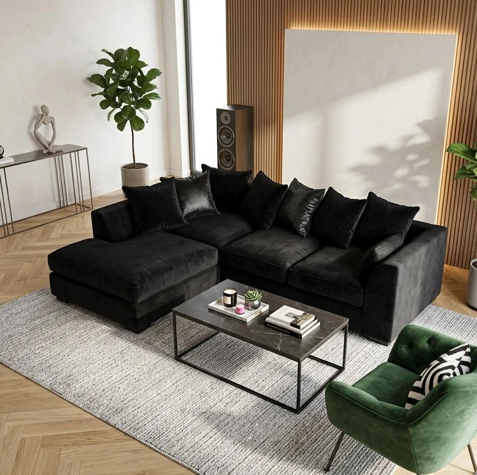 Dylan Black Plush Velvet 4 Seater Left Hand Corner Sofa - Sofas furniture in UK