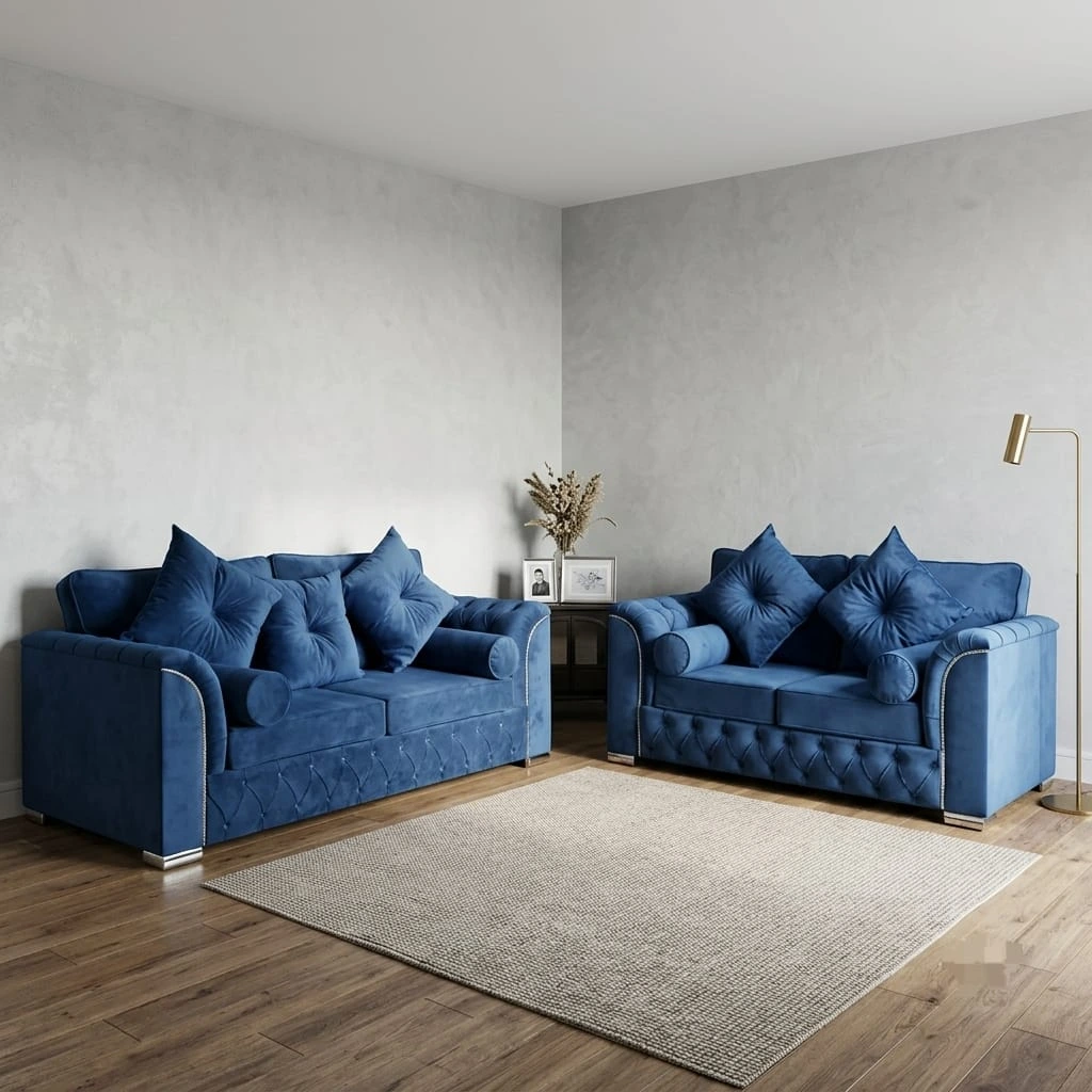 Luxury Royal Blue Plush Velvet 3 and 2 Seater Highback Sofa Set - Sofas furniture in UK