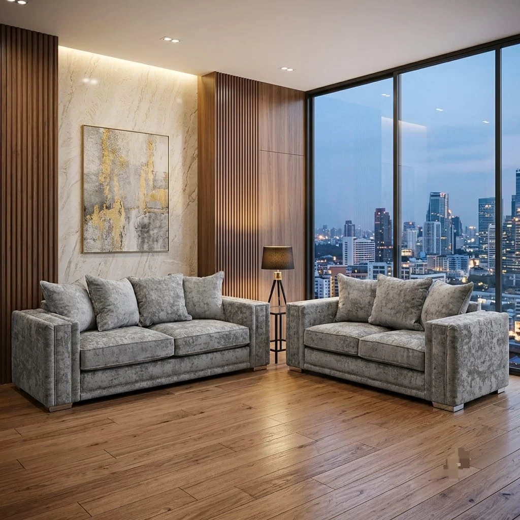 Luxury Grey Chenille 3 and 2 Seater Sofa Set Modern Scatter Back Fabric Settee Suite - Sofas furniture in UK