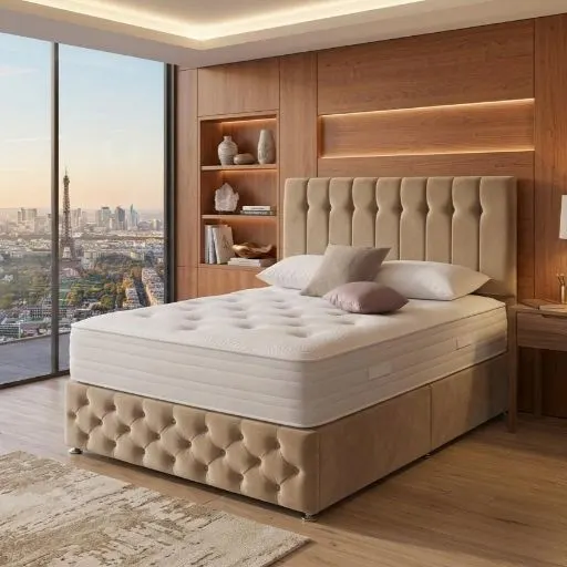 Torento Beige Velvet Double Divan Bed Frame with Mattress - Beds furniture in UK