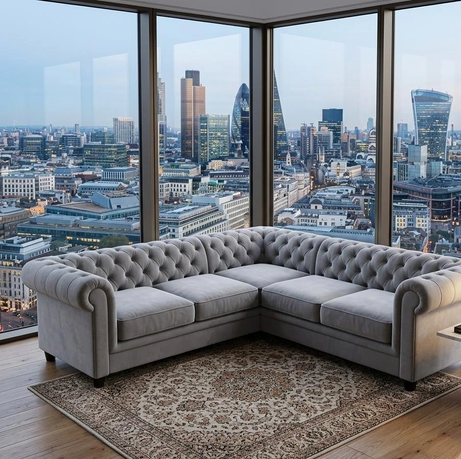 Luxury Grey Plush Velvet Chesterfield Corner Sofa - Sofas furniture in UK