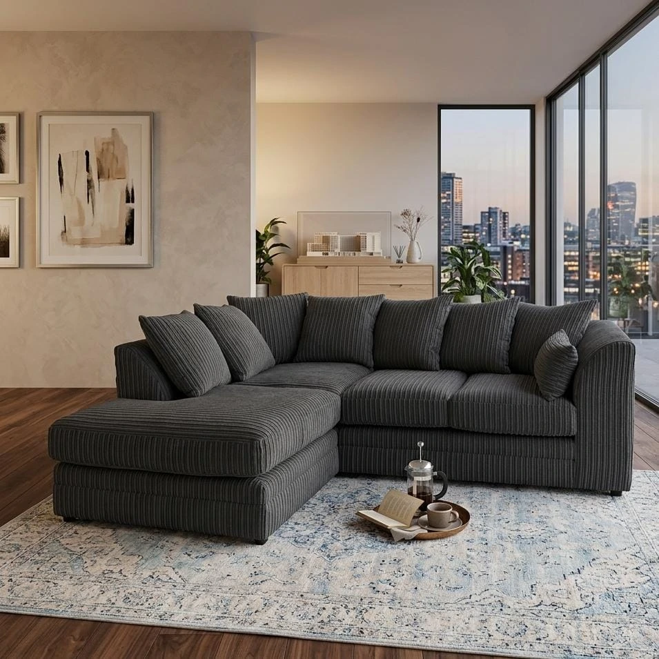 Dylan Charcoal Grey Jumbo Cord 4 Seater Left Arm Corner Sofa - Sofas furniture in UK