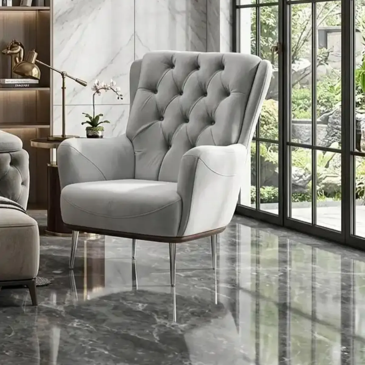 Lucia Everest Grey Velvet Armchair with Chrome Legs | Sofas | UK