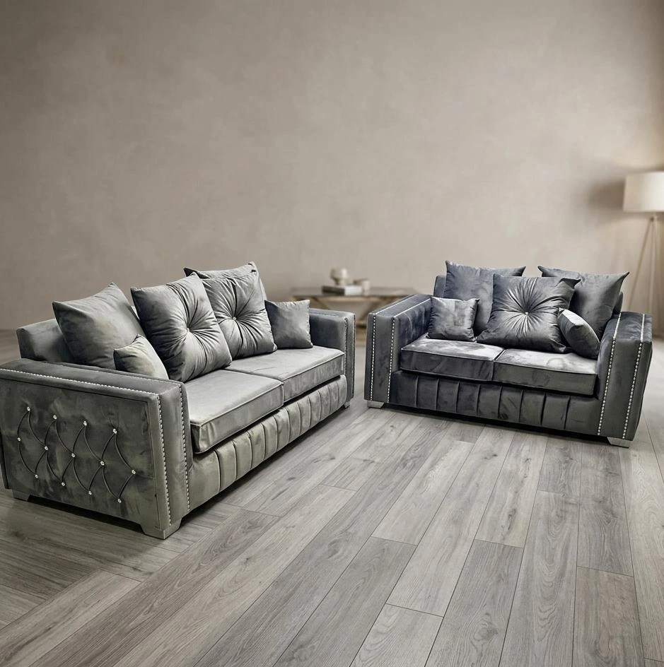 Alaska Luxury 3 and 2 Seater Grey Velvet Sofa Set with Diamante Detail and Linear Base | Sofas | UK