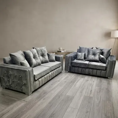 Alaska Luxury 3 and 2 Seater Grey Velvet Sofa Set with Diamante Detail and Linear Base – 3+2 sofa set for the living room
