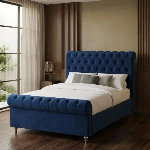 Double Size Royal Blue Velvet Chesterfield Sleigh Bed Frame with Mattress - Beds furniture in UK