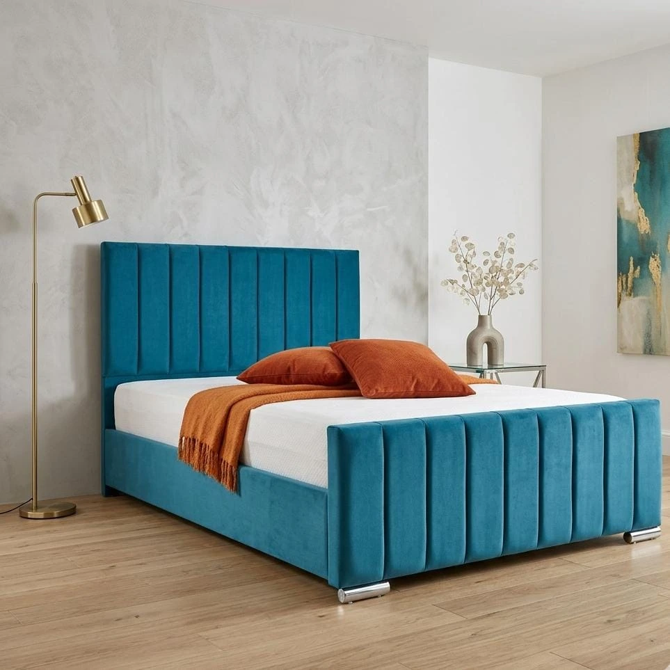 Double Teal Plush Velvet Vertical Panel Bed Frame with Mattress - Beds furniture in UK