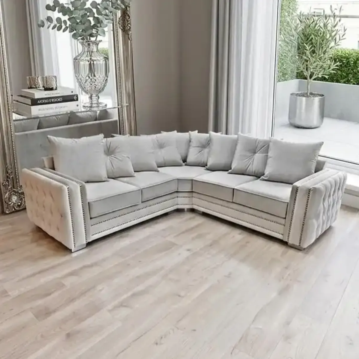 Alaska Silver Velvet Corner Sofa - Luxury Studded Chesterfield Style L-Shape Settee | Sofas | UK