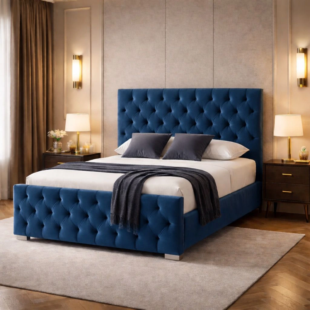 Florida Blue Plush Velvet Double Deep Tufted Bed with Premium Mattress - Beds furniture in UK