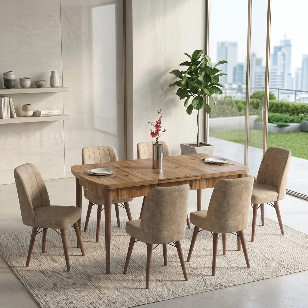 Premium Wooden Dining Table and 6 Mink Fabric Chairs Set - Dining furniture in UK