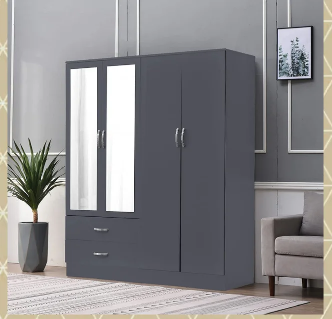 4 Door Wardrobe with 2 Mirrors & 2 Drawers – Large Bedroom Storage Closet – Modern Design – Grey Black White - Wardrobes furniture in UK