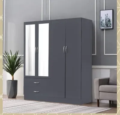 4 Door Wardrobe with 2 Mirrors & 2 Drawers in Grey – wardrobe for the bedroom