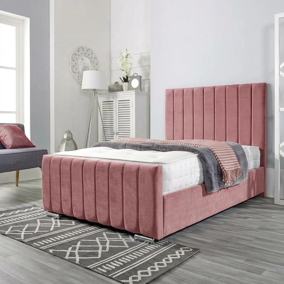 Double Pink Plush Velvet Vertical Panel Bed Frame with Mattress - Beds furniture in UK