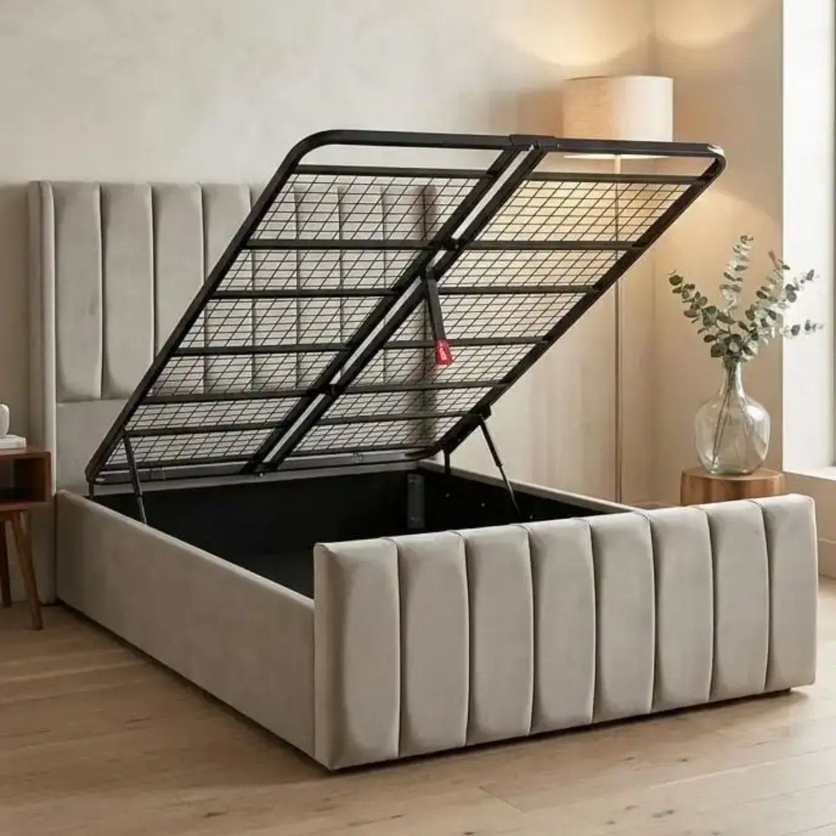 Cream Velvet King Size Panel Wingback Gas Lift Ottoman Bed with Luxury Mattress — Complete Storage & Sleep Set - Beds furniture in UK