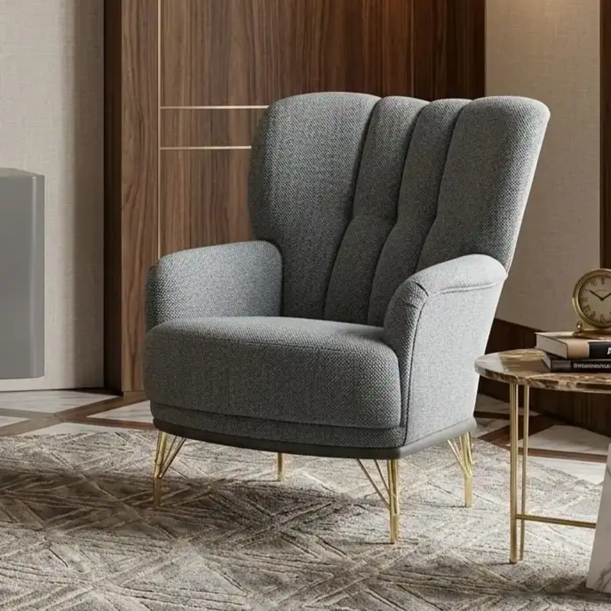 Miraye Everest Grey Fabric Armchair with Gold Legs | Sofas | UK