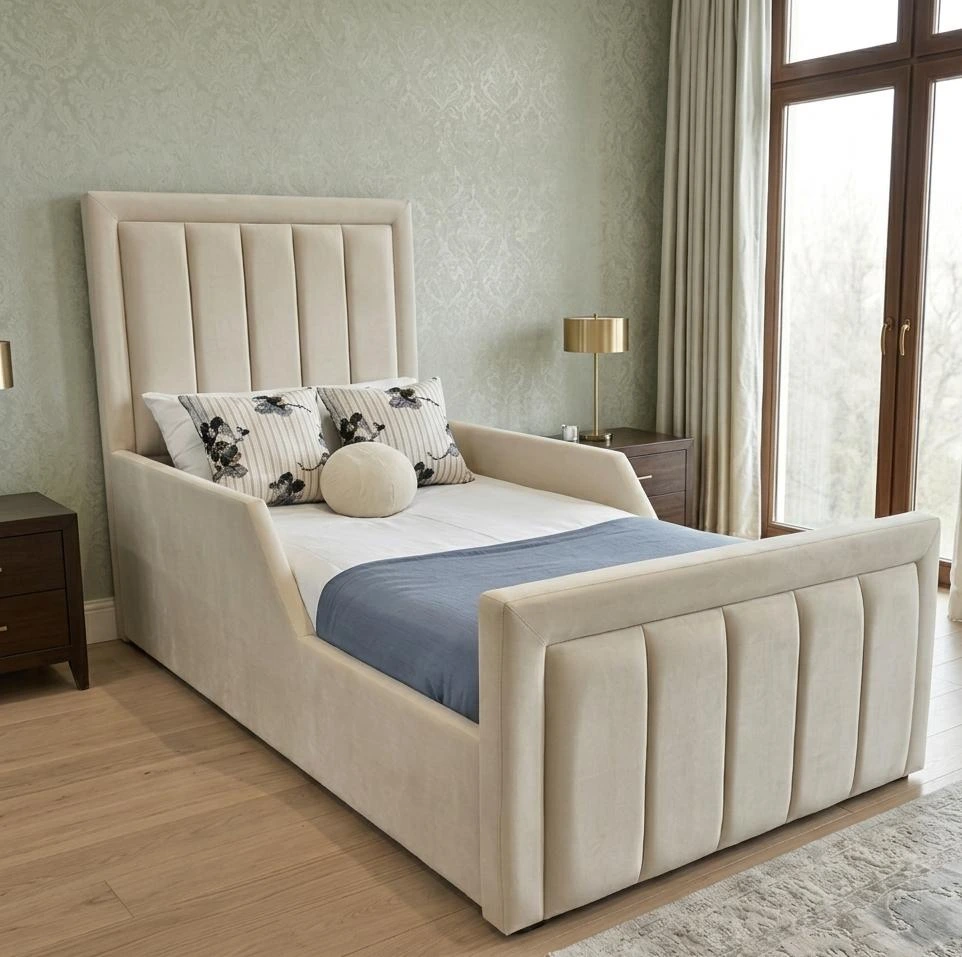 Cream Ivory Plush Velvet Bumper Line Toddler Bed With Mattress - Beds furniture in UK