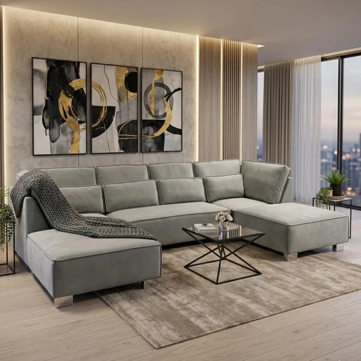 Salone Grey U-Shaped Sectional Sofa Set | Modern Living Room Fabric Couch - Sofas furniture in UK