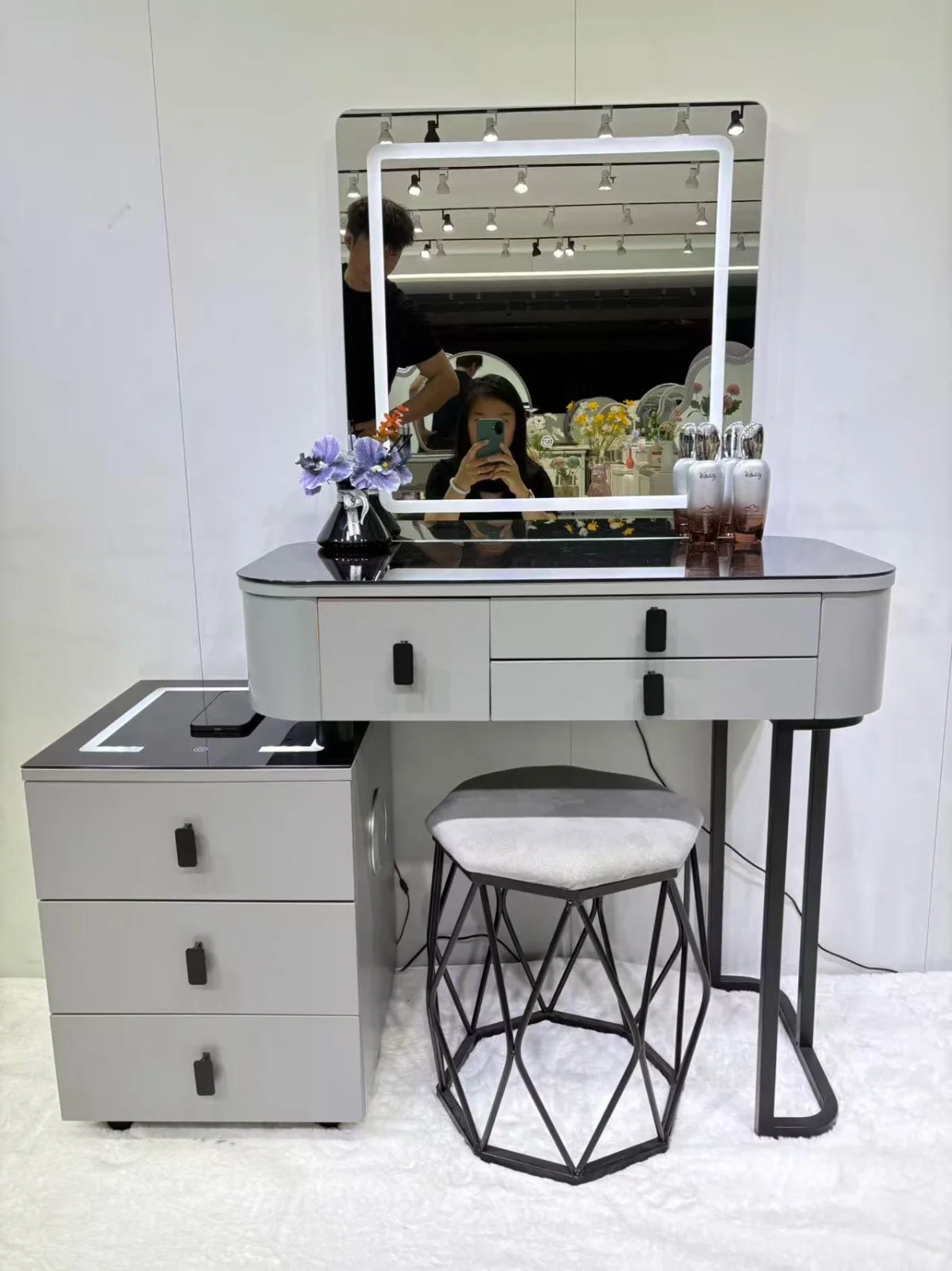 Modern LED Vanity Dressing Table with Mirror, Stool & Storage Drawers – Grey Makeup Desk - Occasionals furniture in UK