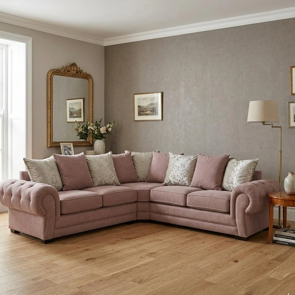 Verona Scatter Back Corner Sofa - Luxury Rose Pink Chenille - Sofas furniture in UK