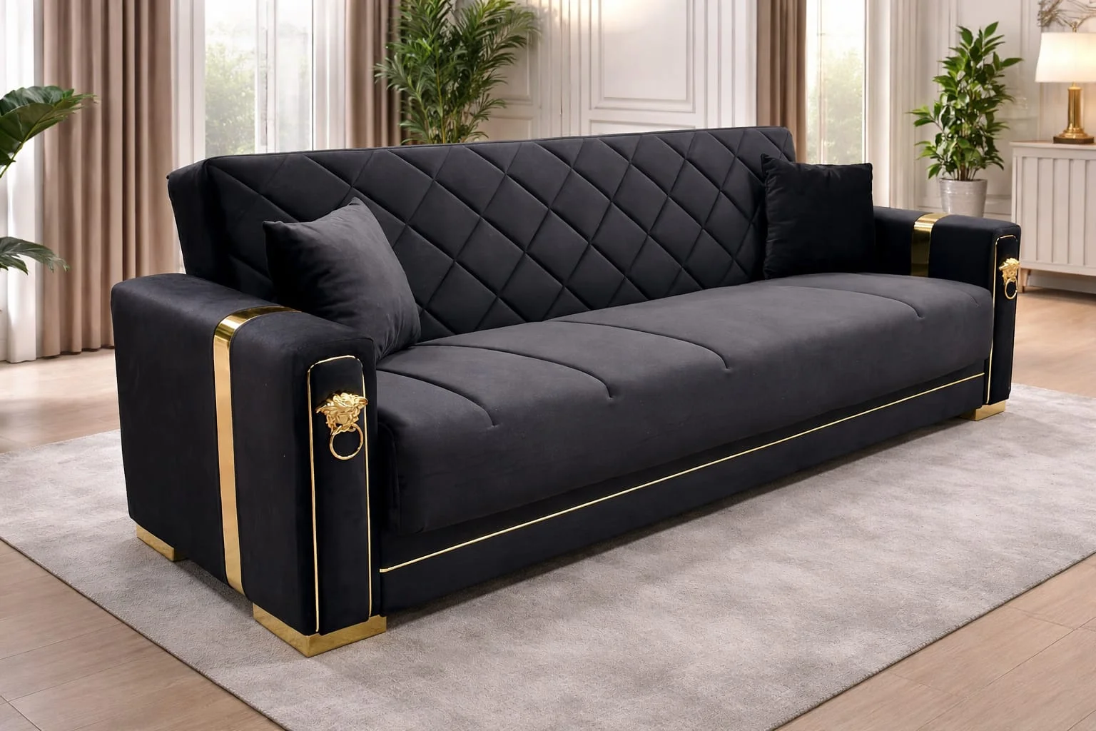 Royal Lion Style 3 Seater Sofa Bed – Velvet Black with Gold Accents - Sofabeds furniture in UK
