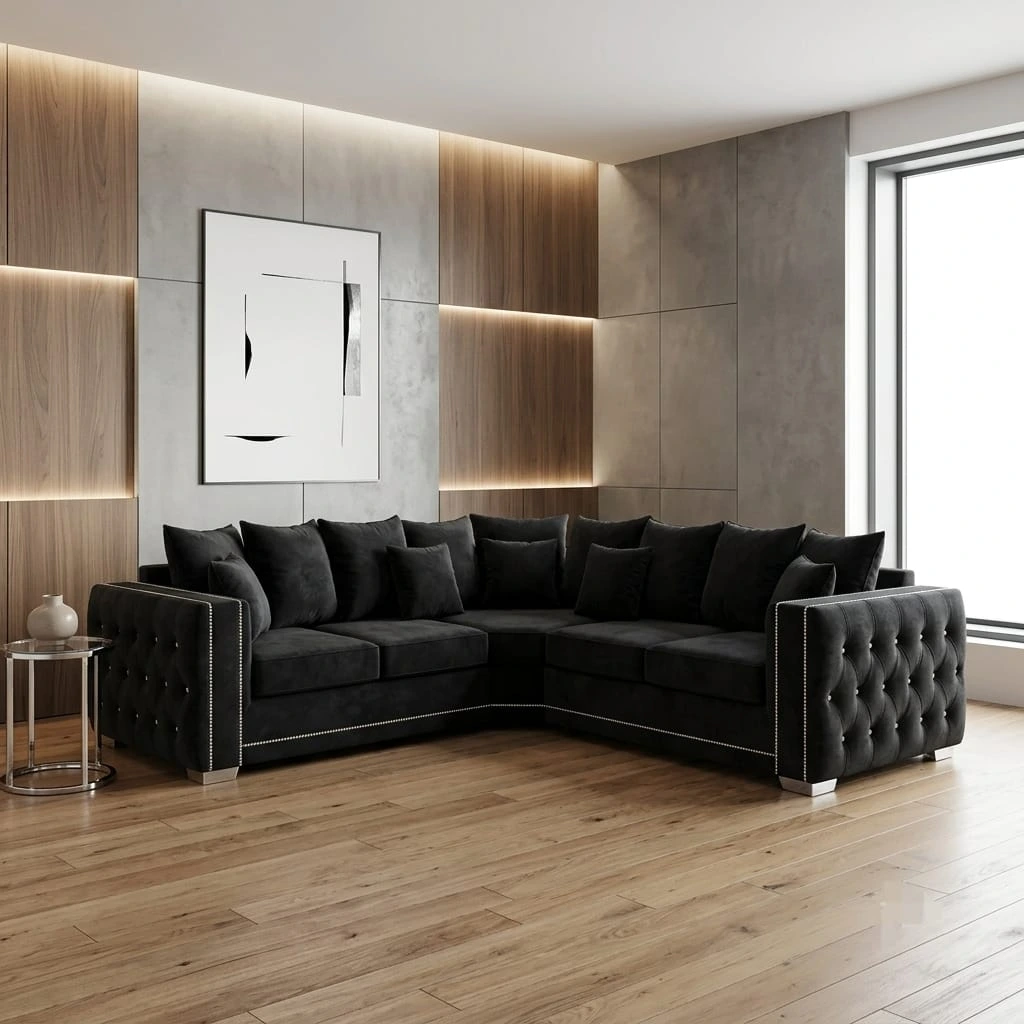 Alaska Luxury Black Velvet Corner Sofa Scatter Back Settee Suite with Diamante Detail - Sofas furniture in UK