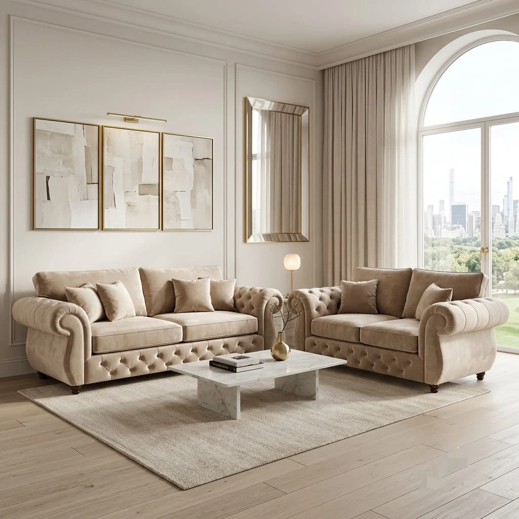 Rio High-Back Beige Velvet 3 and 2 Seater Sofa Set - Sofas furniture in UK