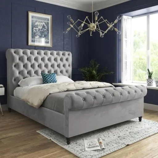 Luxury Light Grey Chesterfield Sleigh Double Bed Frame and Mattress Set - Beds furniture in UK