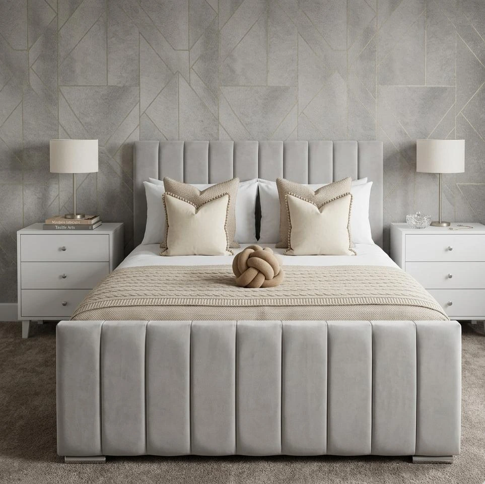 Double Silver Plush Velvet Vertical Panel Bed Frame with Mattress - Beds furniture in UK