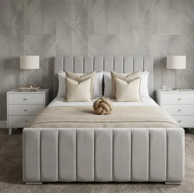 Double Silver Plush Velvet Vertical Panel Bed Frame with Mattress – panel bed for the bedroom