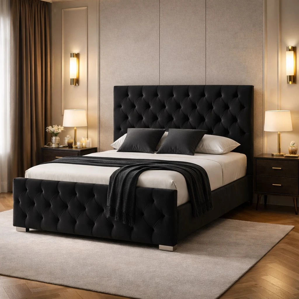 Florida Luxury Black Double Chesterfield Bed Frame with Mattress - Beds furniture in UK