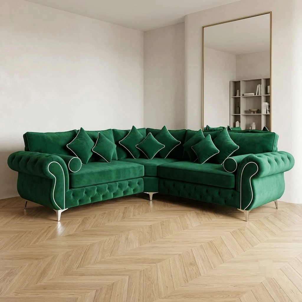 Rio High-Back Emerald Green Velvet L-Shape Sofa - Sofas furniture in UK