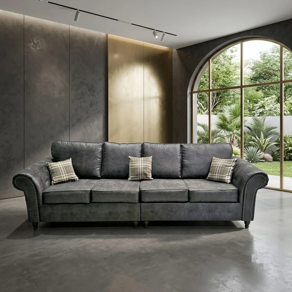 Oakland 4-Seater Straight Sofa – Luxury Grey Leather-Look Finish | Sofas | UK