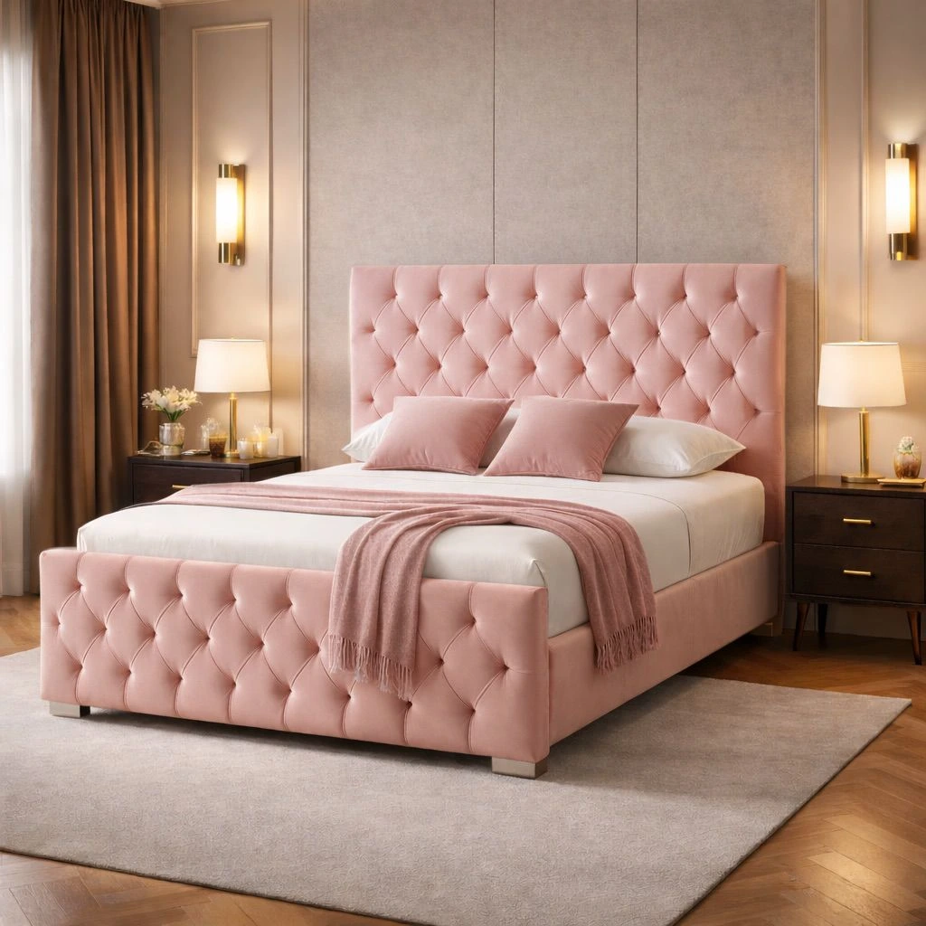 Florida Luxury Pink Double Chesterfield Upholstered Bed and Mattress Set - Beds furniture in UK