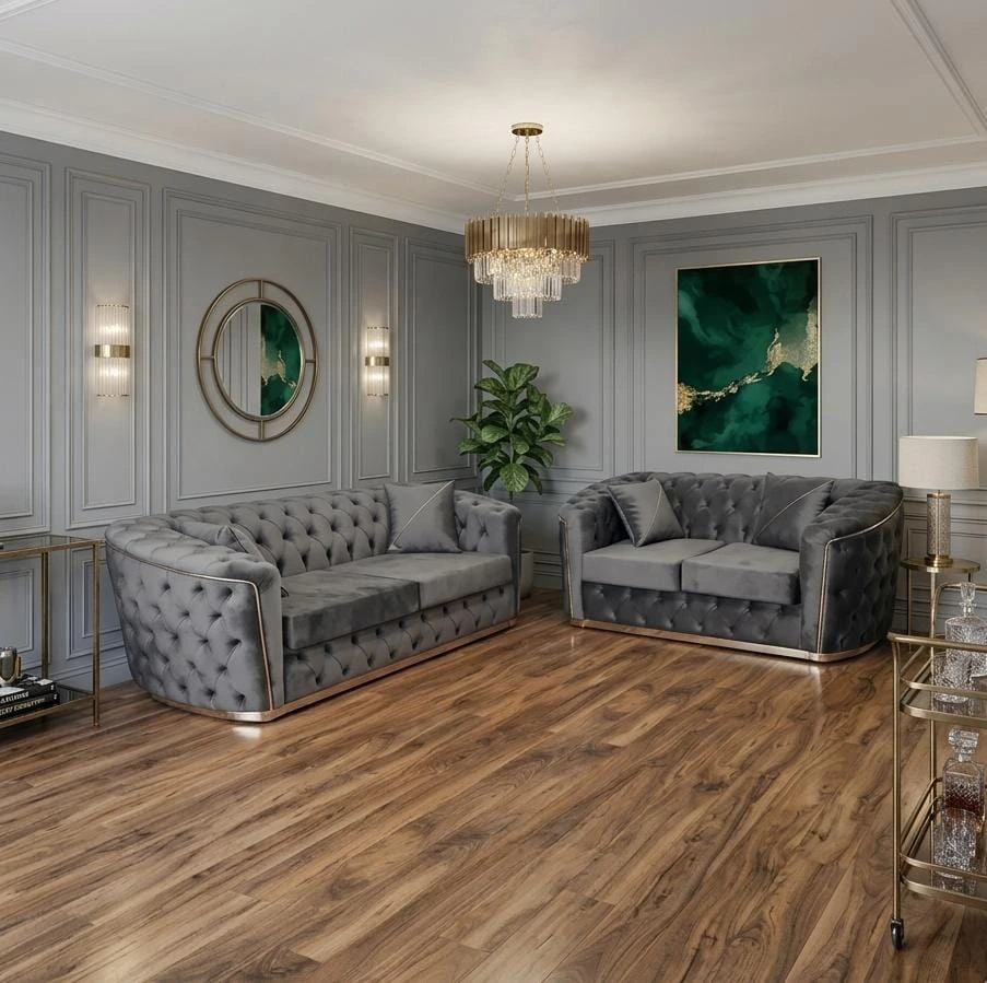 Torento Grey Velvet 2 and 3 Seater Sofa Set — Luxury Chesterfield Style with Elegant Gold Trim - Sofas furniture in UK