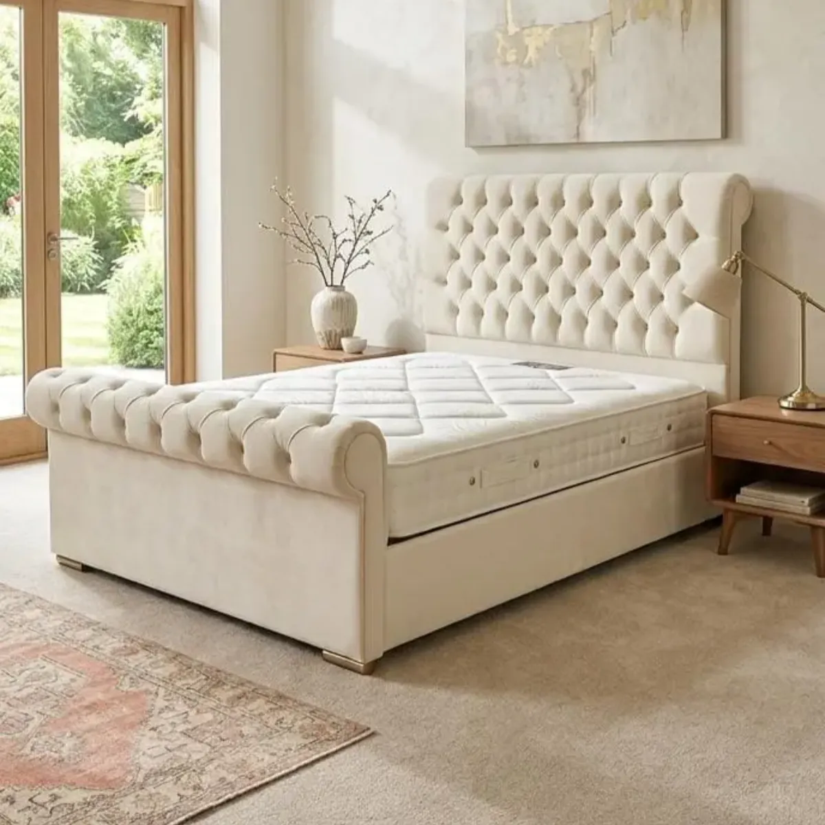 Cream Velvet Double Sleigh Bed with Luxury Mattress — Elegant Deep Buttoned Design - Beds furniture in UK
