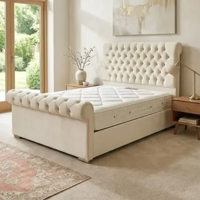 Cream Velvet Double Sleigh Bed with Luxury Mattress – sleigh bed for the bedroom