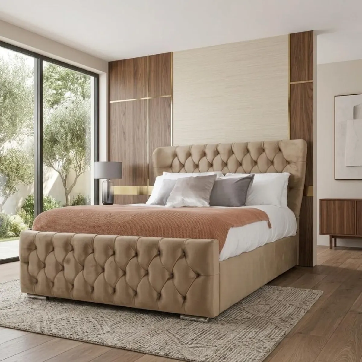 Double Size Oxford Wingback Chesterfield Bed – Beige Velvet (4ft6) | Free UK Delivery - Beds furniture in UK