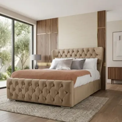 Double Size Oxford Wingback Chesterfield Bed in Beige – wingback bed for the bedroom