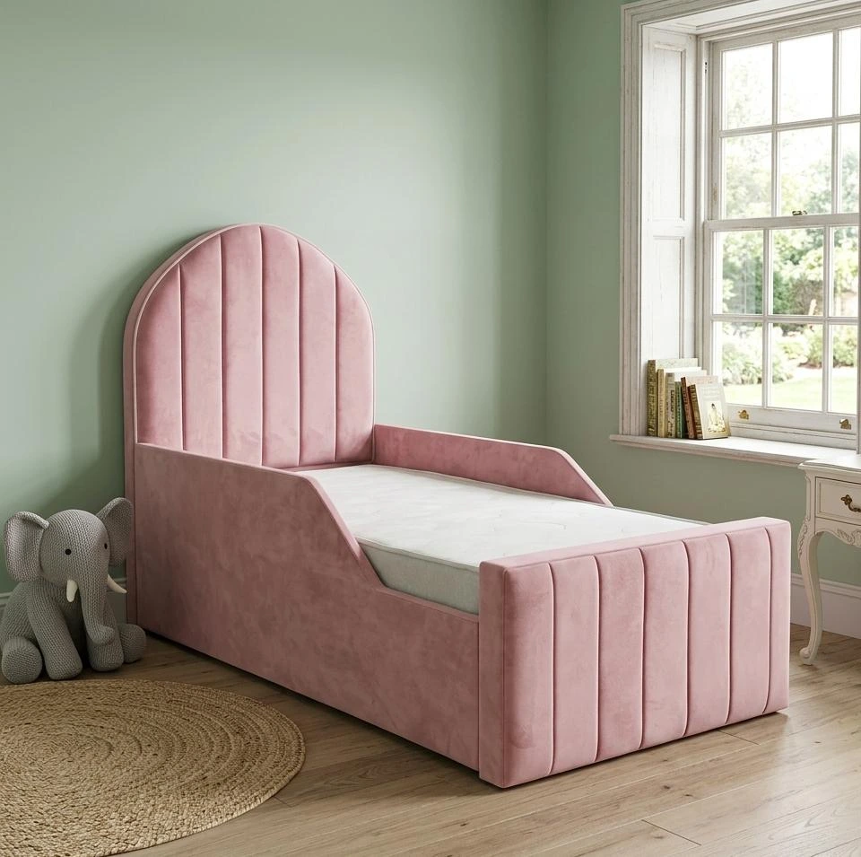 Pink Plush Velvet Florida Curved Bumper Toddler Bed With Mattress - Beds furniture in UK