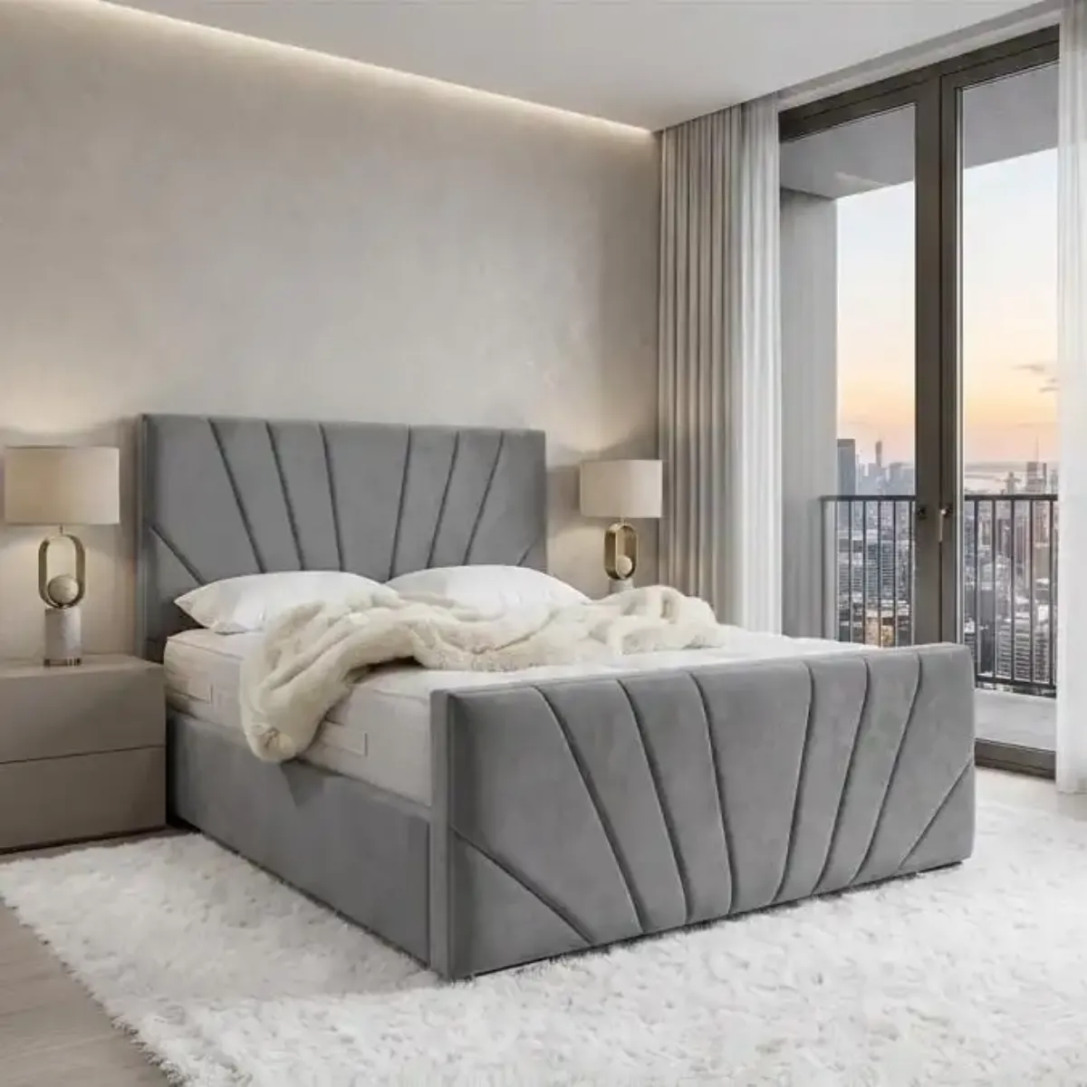 King-Size Luxury Grey Twilight Plush Velvet Bed with Mattress – Designer Sunburst Panel Bed - Beds furniture in UK